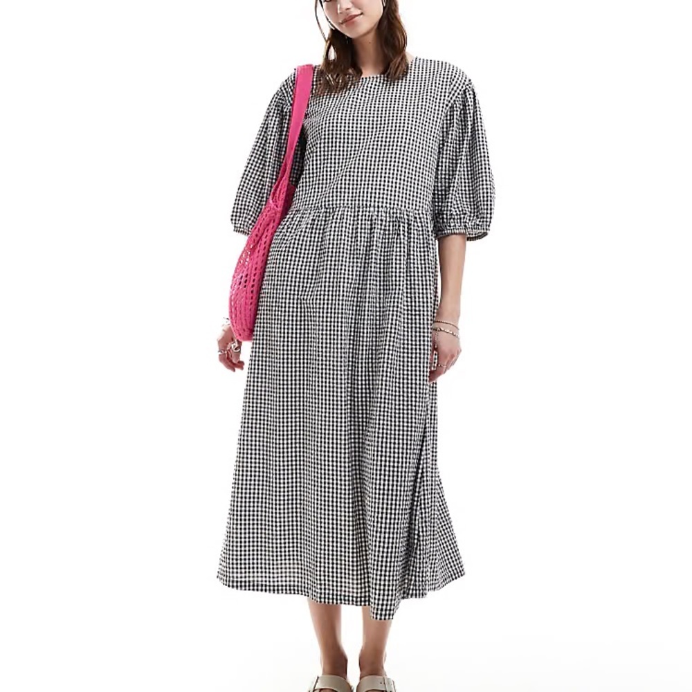 Monki seersucker smock midi dress in black and white gingham